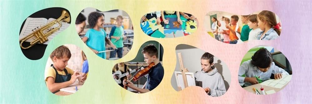 A collage of students playing instruments and engaging in art activities over a multi-color watercolor background.